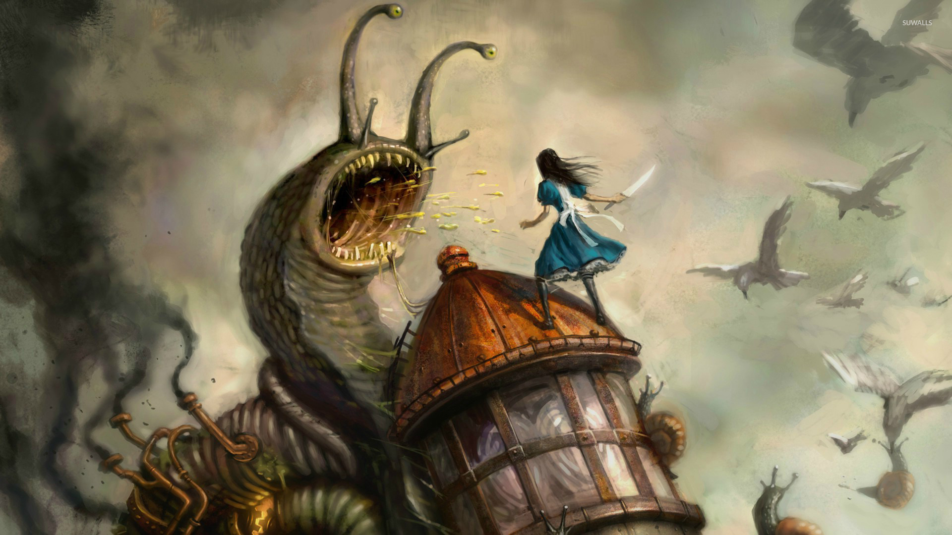 Wallpaper art, Alice, Alice: Madness Returns, mushrooms, river, flower, cat  for mobile and desktop, section игры, resolution 1920x1080 - download