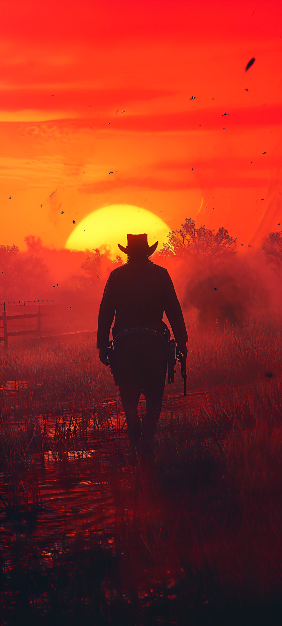 Brown haired man, with a fancy mustache, 1890s outlaw clothes, red dead  redemption 2 cover art style, red rdr2 background, mountain in the  backround, sunset on Craiyon